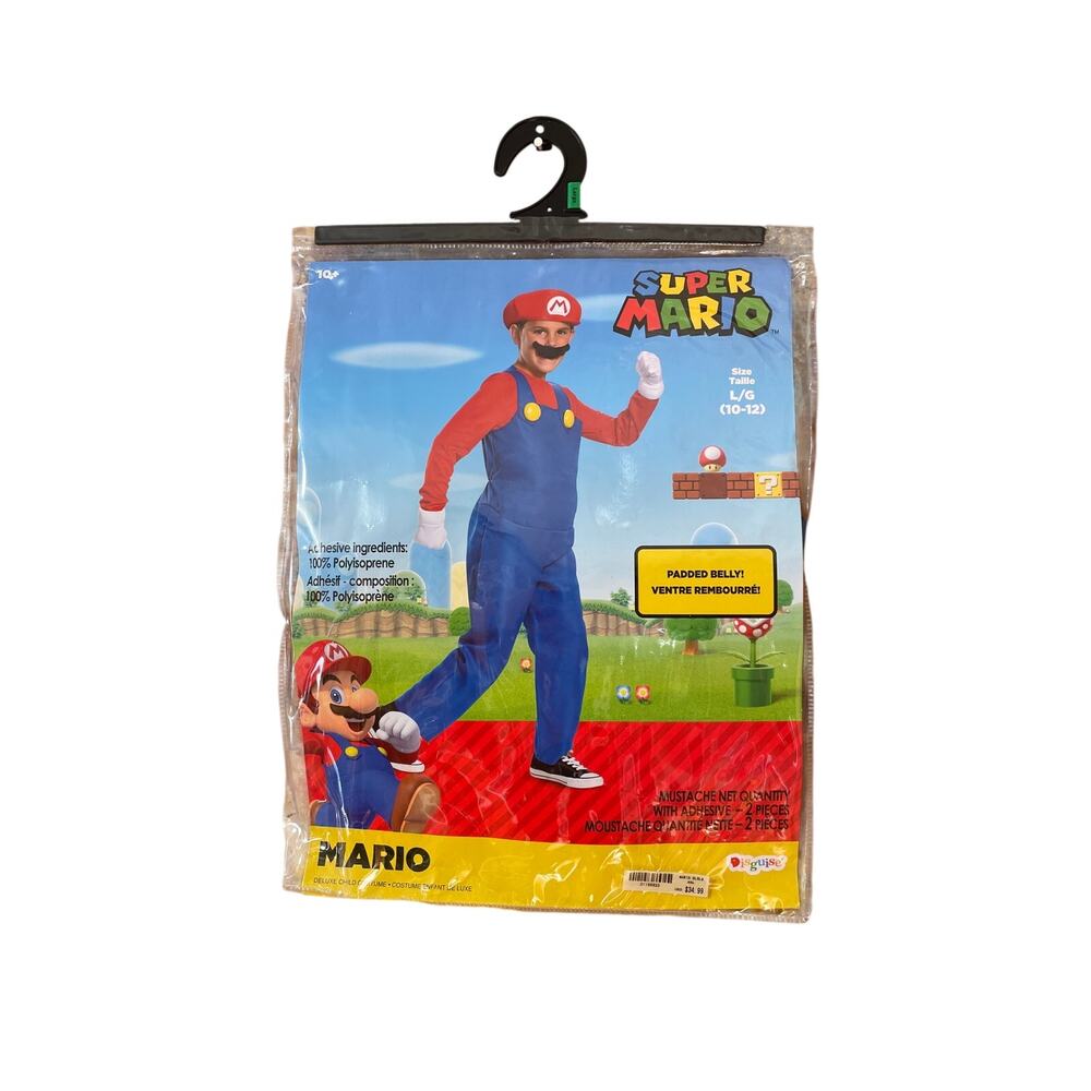 Super Mario Deluxe Kids Costume Size L 10-12 Padded Belly Hat Gloves Mustache